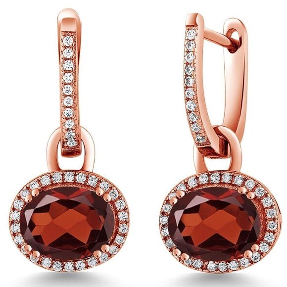 18K Rose Gold 925 with 4.44 Cttw Garnet Oval Dangling French Lock Earrings